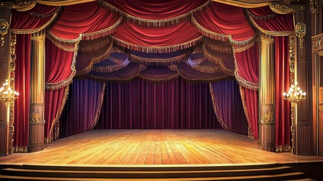 A stage with red velvet curtains is set for a performance