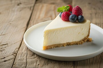 New York cheesecake with fresh berries on white plate