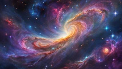 Cosmic Swirl: A mesmerizing nebula painting, vibrant hues of pink, purple, orange, and blue swirl in a cosmic dance, stars glitter across the canvas.  A celestial masterpiece.