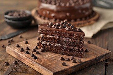 Sliced tasty chocolate cake on wooden table background
