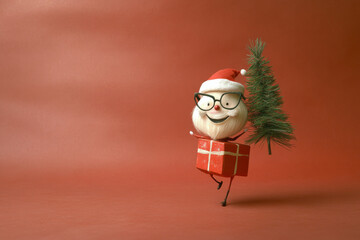 A cheerful Weird crazy Santa Claus in a classic red suit poses joyfully next to a snow-dusted Christmas tree and a beautifully wrapped gift box. Christmas and New Year greetings