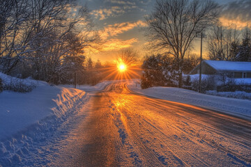 Obraz premium Winter sunset over a snow-covered road in a quiet neighborhood