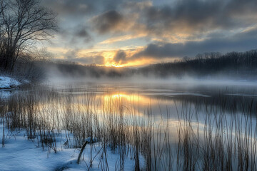 Sunset over a misty lake with snow-covered banks at twilight
