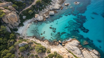 Obraz premium Coastal Double Exposure: Weathered Rocks and Turquoise Sea from Above