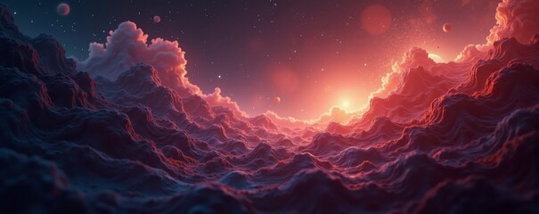 Colorful abstract art depicting a cosmic landscape with swirling clouds and stars at dawn, showcasing vibrant shades and depth