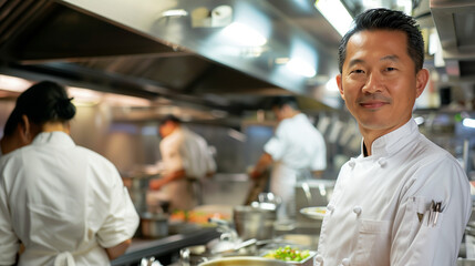Asian head chef leading team in a busy kitchen, confidently supervising.
