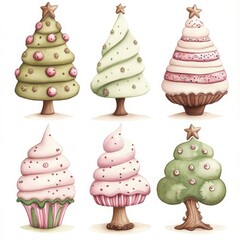 Whimsical illustrations of dessert-themed Christmas trees.