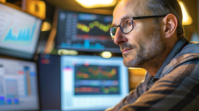 Focused European man analyzing financial metrics on multiple screens, conveying a sense of concentration and expertise in data analysis and monitoring.