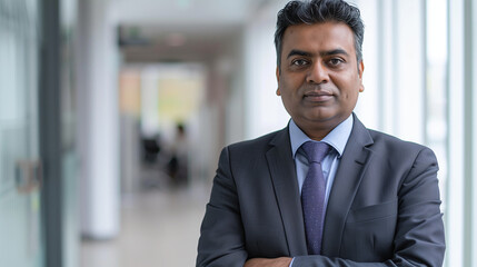 Fototapeta premium Businessman in formal attire with arms crossed, looking confident in a corporate hallway, representing success and professionalism in a business setting.