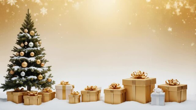 Christmas tree is surrounded by many white and gold gift boxes on warm golden background, with falling snowflakes. Video festive background with copy space for text for Christmas and New Year