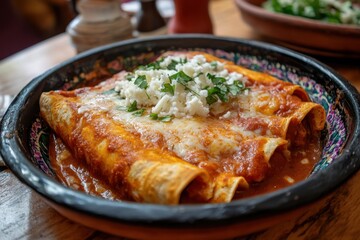 Red enchiladas classic Mexican dish with cheese and tomato sauce
