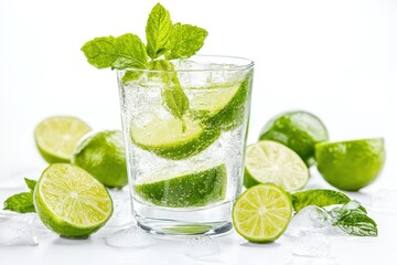Refreshing mojito with lime on a white backdrop