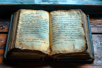 Obraz premium An antique, leather-bound book with yellowed pages and faded ink lies open on a wooden surface.