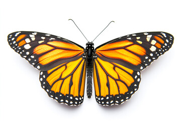 Obraz premium Monarch butterfly with vibrant orange and black wings, isolated on white background, showcasing intricate patterns and details