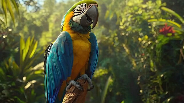 Macaw parrot perched high on a branch, vibrant feathers of blue, green, and yellow contrasting against a deep forest background.