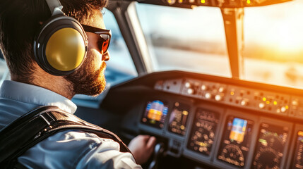 A focused pilot in an aircraft cockpit wearing headphones, controlling the flight with precision during sunset.