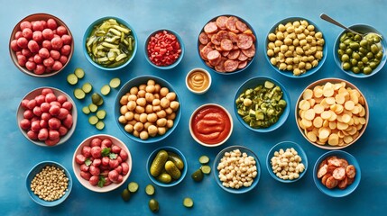 Ukrainian kovbasa sausage ingredients preparation with various side dishes on blue table