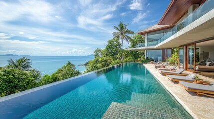 Fototapeta premium Modern villa with an infinity pool, overlooking ocean views, with clean lines and lush garden surroundings, no people.