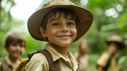 Explorer kids in safari dress with school friends in summer camp forest in travel exploration adventure of school tour