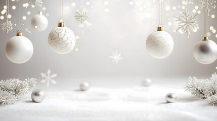 Elegant Christmas decoration with white and silver baubles, snowflakes, and pine branches on a soft, snowy surface. Perfect for festive and holiday-themed designs.
