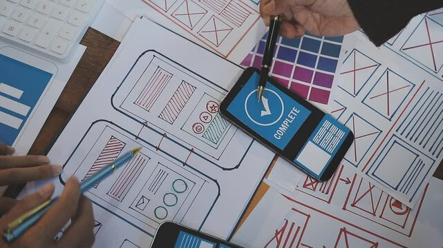 Young Asian business creative team work together, mobile application software design project. Brainstorm meeting, internet technology, smartphone web app designer, office coworker teamwork concept