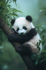 Obraz premium Baby panda sleeping on a tree branch, surrounded by lush greenery