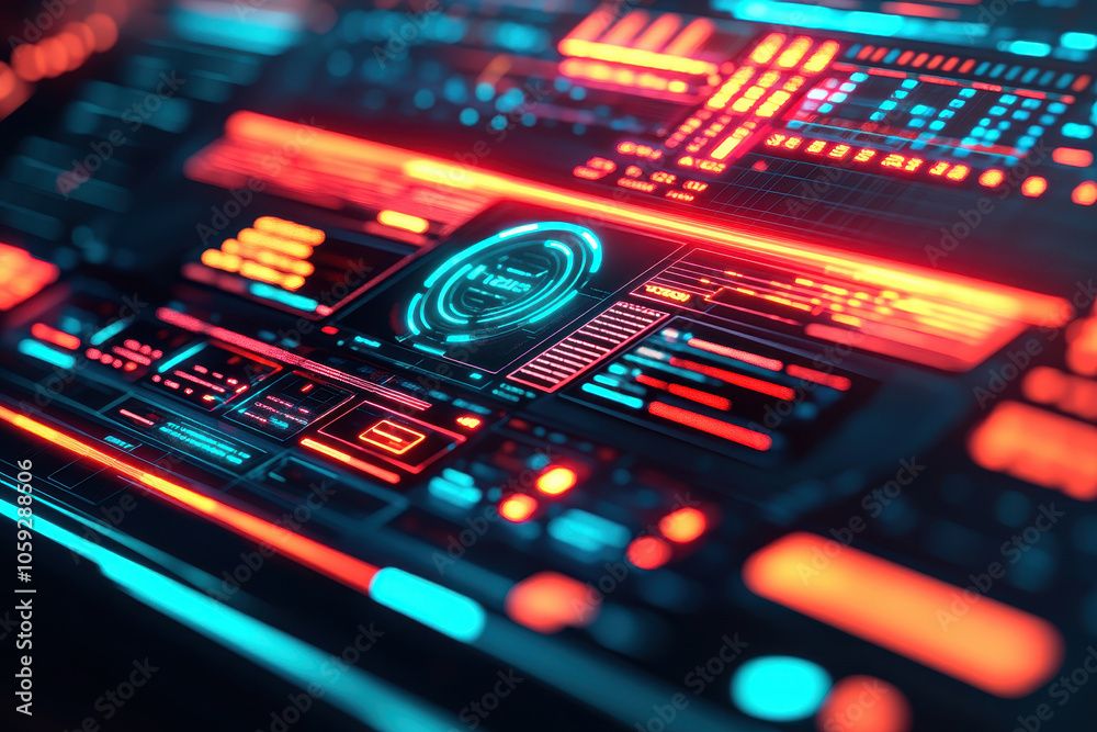 Wall mural futuristic digital dashboard interface with vibrant neon lights and data visualization elements, per