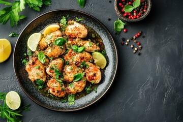 Savory chicken piccata on a gray table zoomed in
