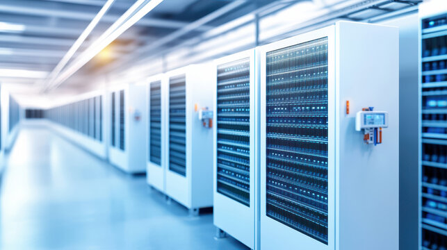 Modern data center with high-capacity server racks glowing under bright LED lights, showcasing advanced technology and organization.