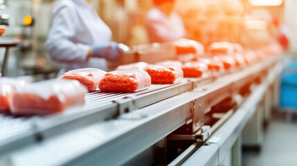 Modern meat processing facility with workers packaging fresh meat for distribution on a conveyor belt.