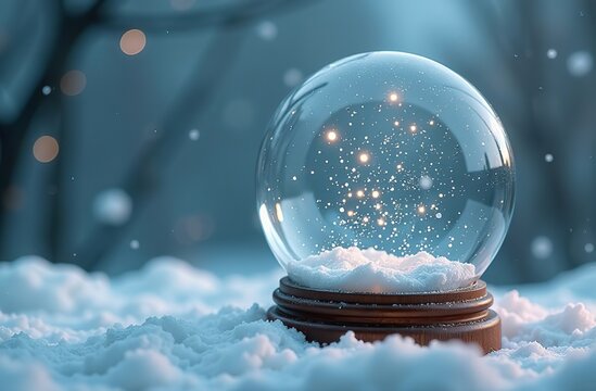 Empty Christmas snow globe on a winter background with delicate snowfall and copy space for text. 