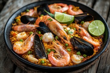 Seafood paella on a red tile with lime Tasty lunch by the seaside with shrimp Dark wood backdrop