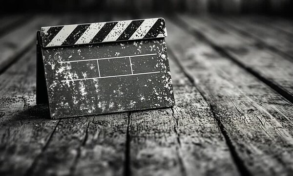 A vintage film clapperboard resting on a wooden surface.