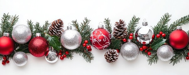 Sparkling red and silver Christmas ornaments with holly and pine cones laid out on a bright white background