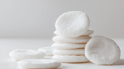 Pile of round cotton pads arranged neatly, showcasing soft texture and gentle material, perfect for skincare or cosmetic use.