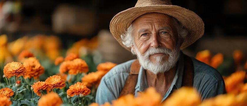 Elderly gardener among blooming flowers, warm sunlight, gentle expression, rustic setting