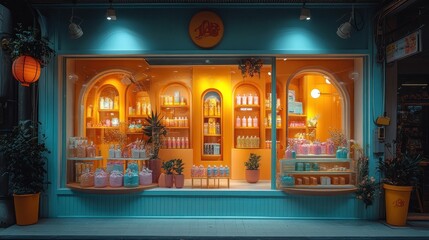 A colorful storefront with a display of products in a shop window.