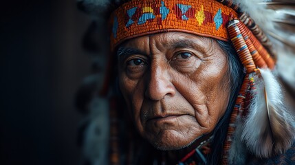 Fototapeta premium Elderly Native American man in traditional headdress, deep lines, strong gaze, dramatic lighting, dark background