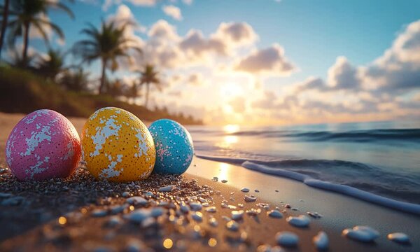 Colorful speckled eggs on a beach at sunset.