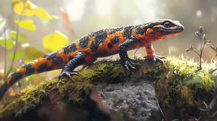 Fototapeta premium Closeup of a fire salamander on the rock covered in mosses in a field. Fire Salamander. Illustration