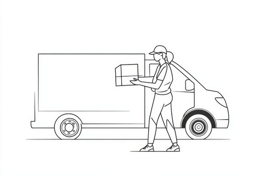 recommend clip art: Line art illustration of a delivery person holding a parcel in a continuous single line