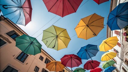 Colorful Umbrellas Against a Blue Sky - Captivating Documentary Photography for Vibrant Outdoor Scenes