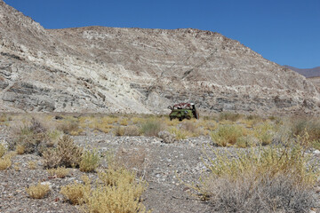 Abandoned Vehicle in Arid Desert Landscape with Rocky Cliffs