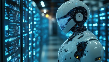 Futuristic robot in data center, glowing blue lights, sleek technology, advanced AI in cyber setting