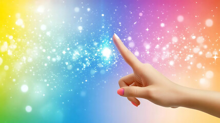 hand with manicured finger touches colorful, sparkling background, evoking sense of magic and creativity. vibrant colors blend beautifully, creating dreamy atmosphere
