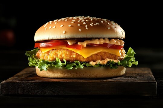 Side view of a Chicken Zinger Burger with lettuce tomato melted cheese and sauce on a wooden board against a dark backdrop