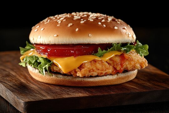Side view of a Chicken Zinger Burger with lettuce tomato melted cheese and sauce on a wooden board against a dark background