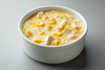 Side view of Sweet Chicken Corn Soup in a bowl on a gray background fast food style