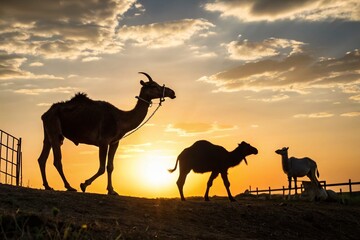 Fototapeta premium Cow, Camel, and Goat Silhouettes for Eid al-Adha Sacrifice Design - Farm Animal Graphics