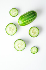 Vertical Fresh whole and sliced cucumber isolated on white background. Top view.